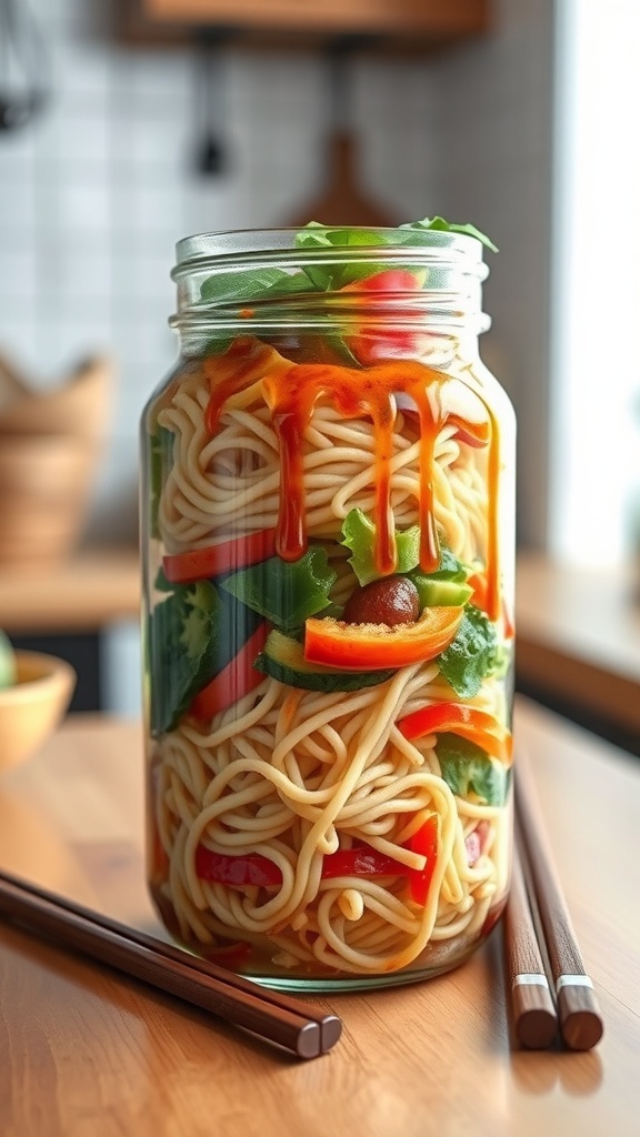 A layered noodle jar with noodles, vegetables, and sauce, alongside chopsticks on a wooden table.